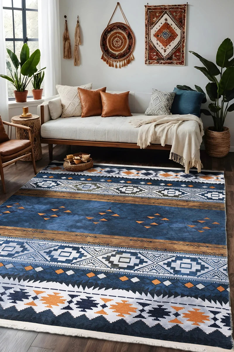 Blue Aster Printed Kilim Style Rug