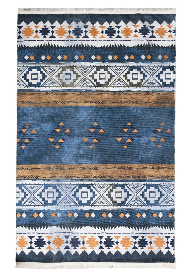 Blue Aster Printed Kilim Style Rug